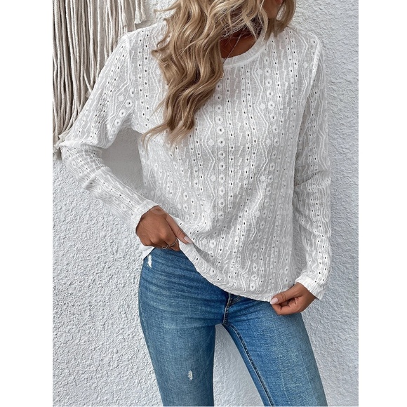 White Long Sleeve Tee Shirt Eyelet Embroidery Somewhat Sheer Round Neck - Picture 3 of 9